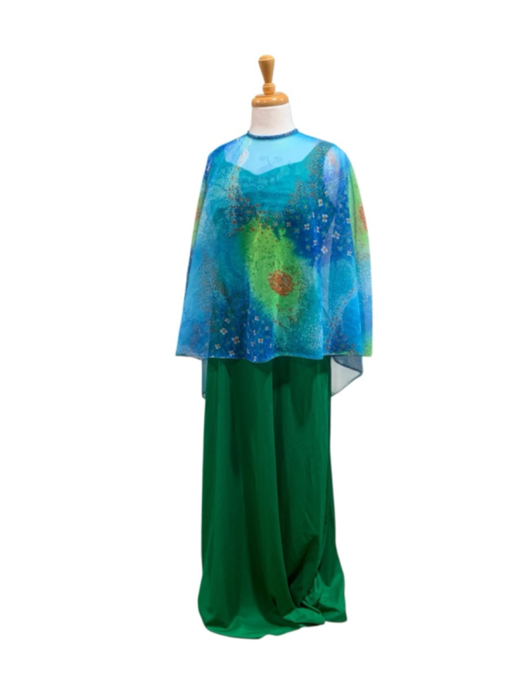 Vntg 60’s Unbranded Green & Blue Maxi floral/nature Cape Dress, Juniors 11